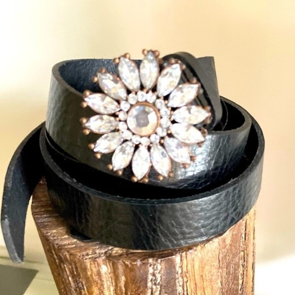Tehama Rhinestone Embellished BuckleBlack Italian Leather Belt Large
